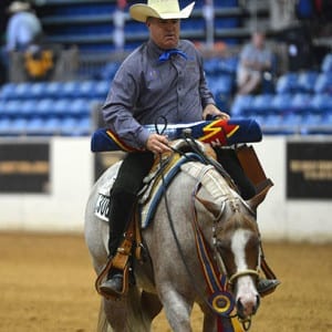 In the BCF Intermediate Open Two Year Old Western Pleasure, Jim Searles piloted Ona Good Kiss for Susan Johns to the futurity win. Photo © NSBA  