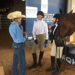 This photo is of my friend Deborah Shatley from California and me talking to Gate Steward and AQHA Judge Kenda Pipkin.
